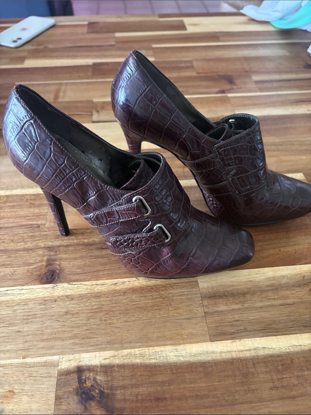 GUESS Dark Brown Croc-Embossed High Heel Booties